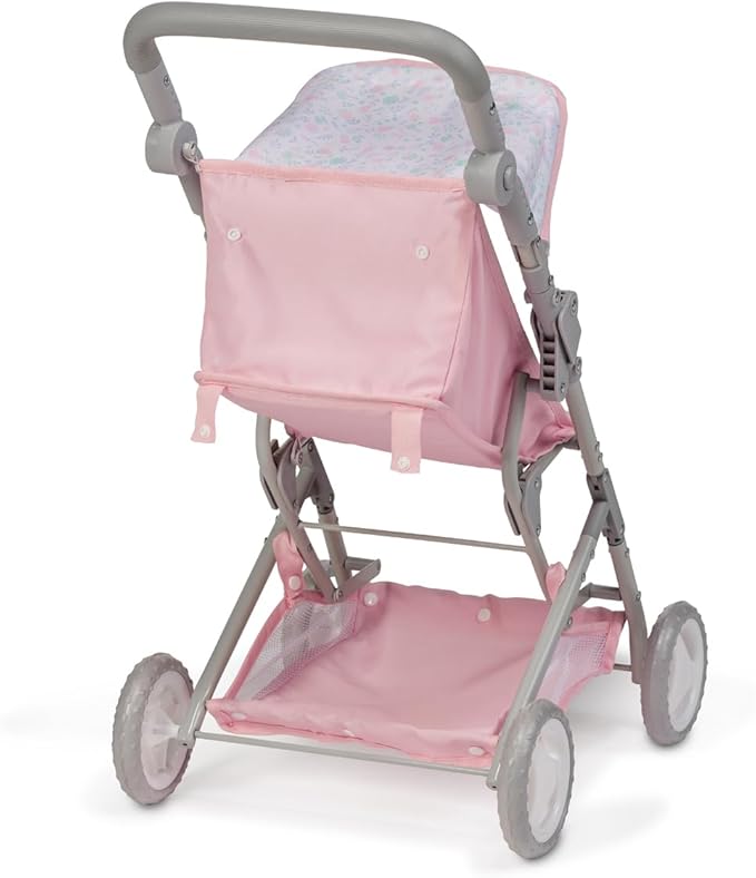 JC Toys - Berenguer Boutique | Fashionable Stroller with Canopy and Storage | Simple Folding |Pink Floral Collection | for Dolls up to 18" | Ages 3+