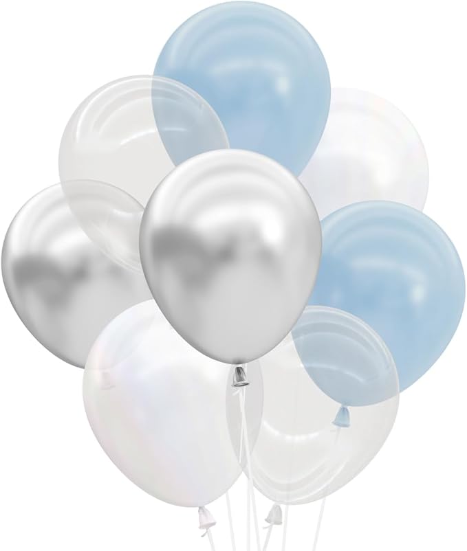 xo, Fetti Blue, Pearl White, Clear, Silver, Latex Balloons - 25 pk, 12" | Cloud Nine Bachelorette Party Decorations, Birthday Party Supplies, Bridal Shower, Boy Baby Shower, Winter Holiday