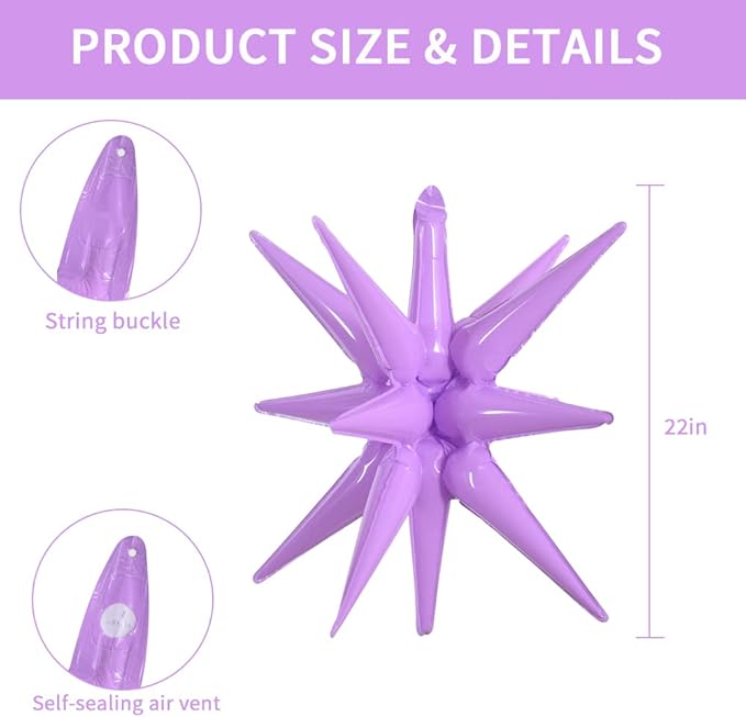 TONIFUL 4 Pcs 22inch 4D Light Purple Explosion Star Mylar Balloons 14Point Star Balloons for Party Backdrop Christmas,New Year Birthday, Wedding Baby Shower Anniversary Photo Booth Supplies