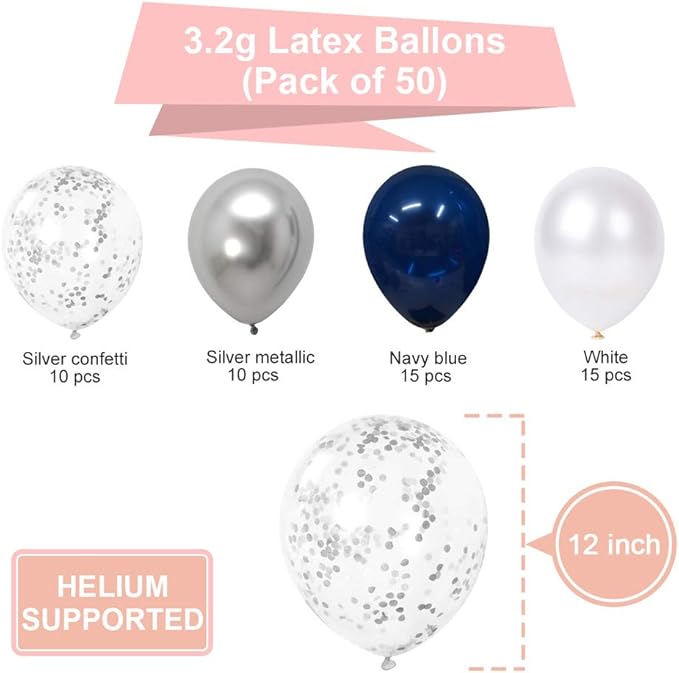 Navy Blue and Silver Confetti Balloons 50 pcs, 12 inch White Pearl and Silver Metallic Chrome Party Balloons for 2026 Graduation Party Decorations
