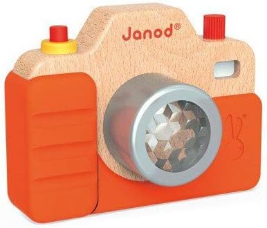 Janod Beech Wood Toddler Camera with Light & Sound Effects & Silicone Cover for Pretend Play Ages 18 Months+