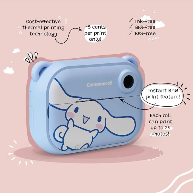 kiimento Sanrio Licensed Instant Print Digital Camera, Best Travel Buddy Cinnamoroll, 2.4” HD Screen, Ink-Free B&W Printing, Selfie Lens, 1080p Video, 32GB Memory Card (Model P)