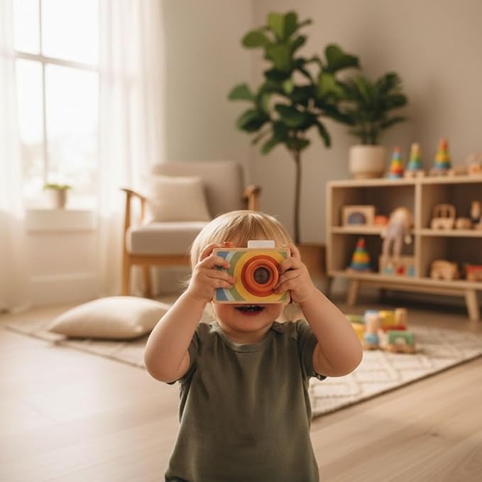 Pearhead Wooden Kaleidoscope Camera Toy, Montessori Pretend Play Camera with Click Button and Soft Strap, Creative Learning for Toddlers 12m+, Easter Basket Gift