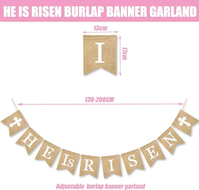 He is Risen Banner, Easter Decorations Natural Burlap Garland Religious Bunting Party Supplies Spring Holiday Celebration for Christian Resurrection Photo Props Church Egg Hunt Events