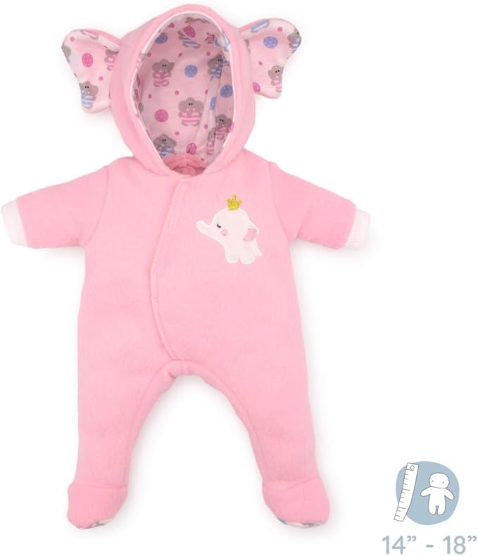 JC Toys | Berenguer Boutique | Baby Doll Outfit | Pink Elephant Themed Hooded Onesie | Ages 2+ | Fits Dolls 14"- 16"