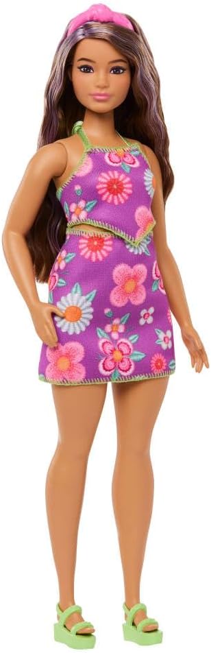 Barbie Fashionistas Doll #244 with Purple-Streaked Brown Hair, Purple Floral Halter Top and Matching Skirt with Accessories Like Headband and Sandals
