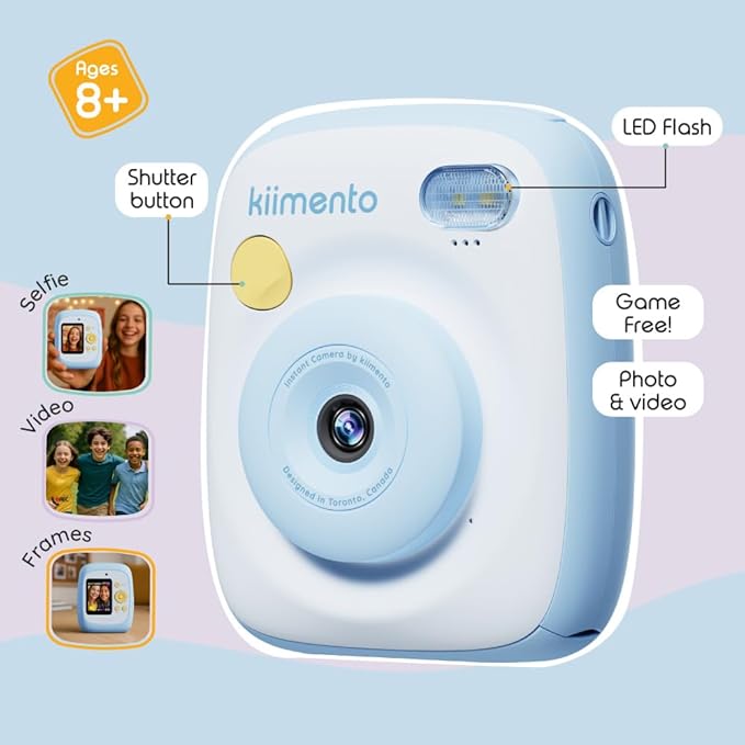 kiimento Instant Print Digital Camera, Ink-Free Thermal Printing with 4 Color-Themed Paper Options, 2.4” HD Screen, Selfie Lens, 48MP Photo, 1080p Video, 32GB Memory Card – Model P2 (Sky Blue)