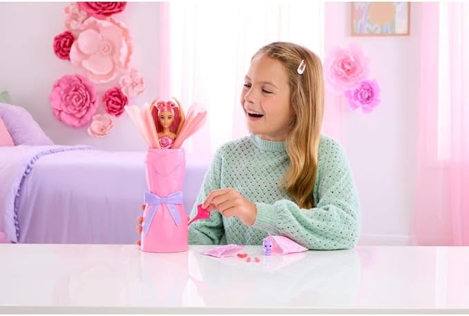 Barbie Petal Pop Scented Doll with Rose Dress & Accessories, Bouquet Reveal with Pet Bunny & Surprises Like Watering Can, Necklace & Earrings