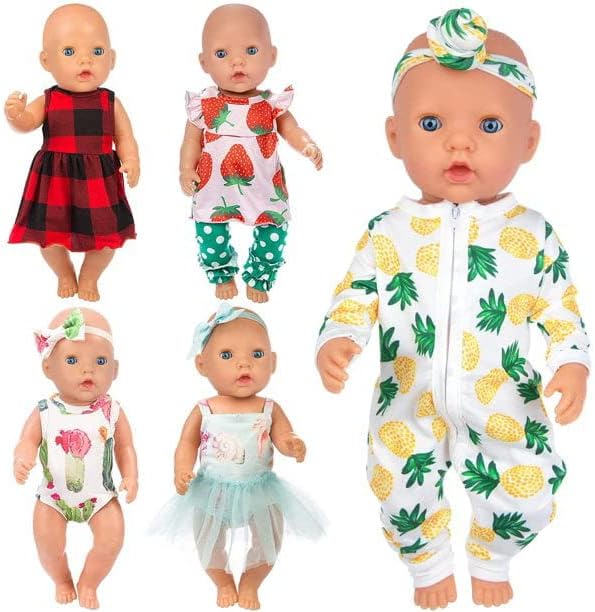 Ecore Fun 5 Sets 14-18 Inch Baby Doll Clothes and Headbands Outfits Pjs Baby Doll Accessories for 43cm New Born Dolls, 15 Inch Baby Dolls