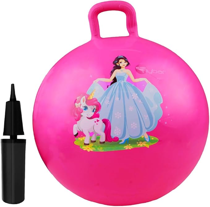 Flybar Hopper Ball for Kids, Inflatable Bouncy Ride-On Ball w/Handle for Indoor & Outdoor Active Play, Includes Pump, Jump Ball Toy for Boys & Girls, Supports Up to 165 lbs, Ages 3+, 18-Inch, Small