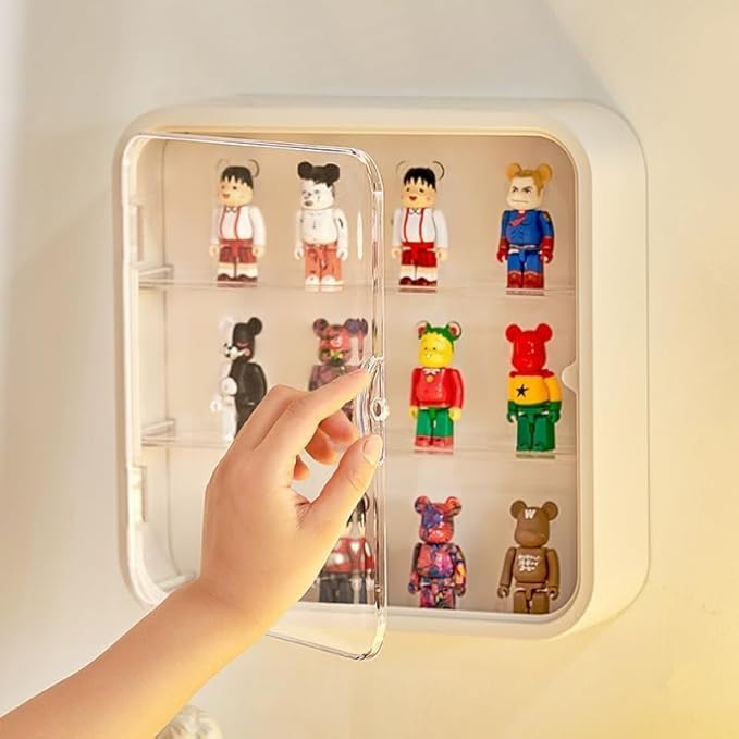 Clear Display Case for Figures, Wall Mounted Clear Display Box, 3 Tiers Adjustable Acrylic Display Box Stand with Magnetic Door for Mini Action Figures Pop Mart Collectibles, White