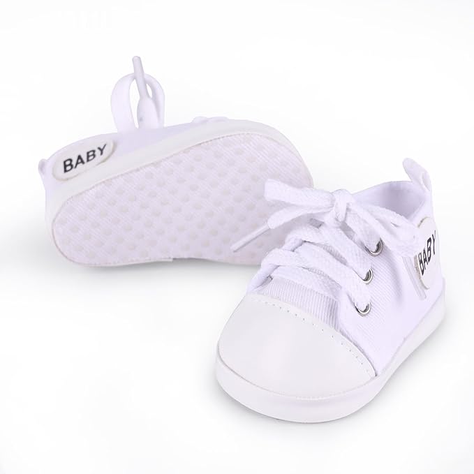 BABESIDE Reborn Baby Doll Shoes, 17-22 Inch Baby Doll Accessories Doll Canvas Shoes with Laces for Realistic Babydolls Girls & Boys, White with Letter Pattern