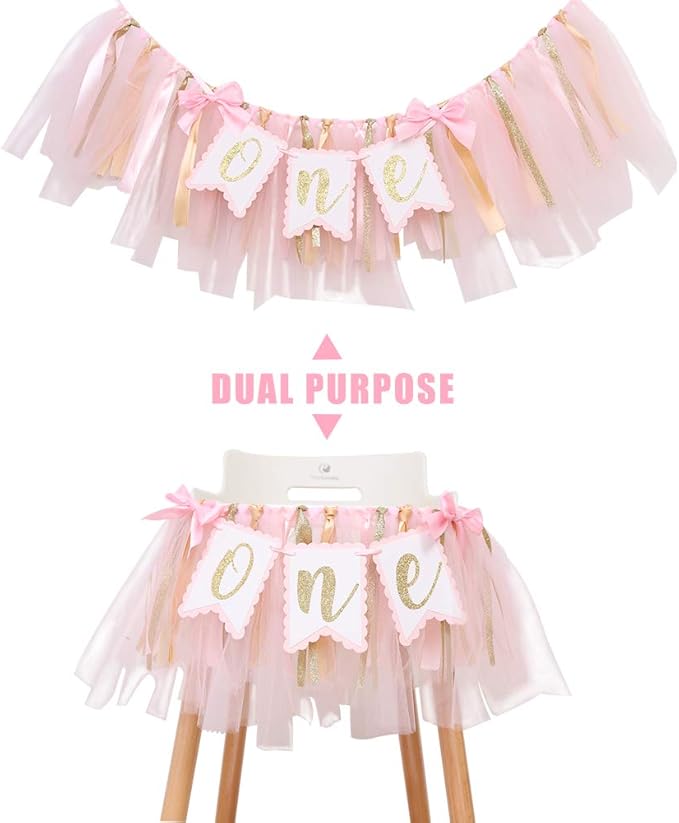 Highchair Banner 1st Birthday Girl - Tulle And Ribbon Banner For First Birthday, Cake Smash Photo Prop, Party Supplies (Pink)