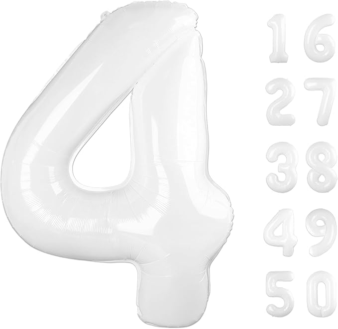 40 Inch White 4 Balloon Giant Mylar Number 4 14 24 34 40 Year Old Birthday Large Foil Helium Number Balloons Party Decorations Supplies Anniversary