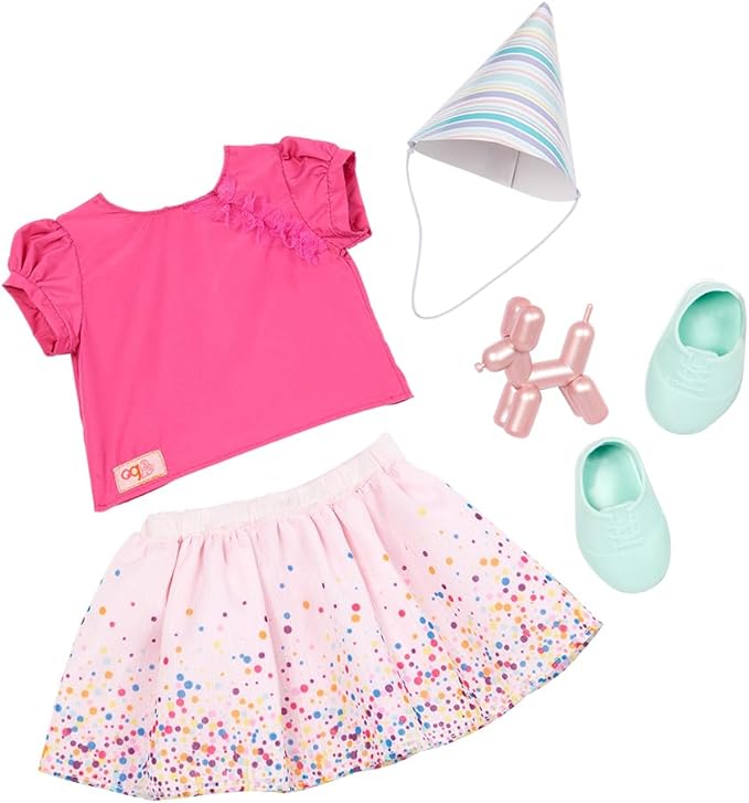 Our Generation Birthday Outfit - Confetti Print Skirt & Poodle Balloon Animal - 45.7 cm Doll Clothes - Pretend Play - Toy for Children from 3 Years and Up - It's Time to Party