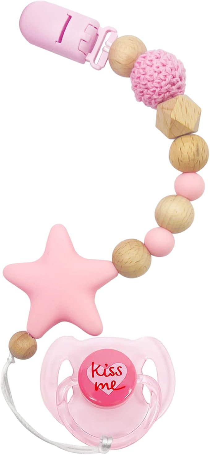 3 Pcs Reborn Baby Doll Magnetic Pacifier Feeding Set, Realistic Reborn Doll Accessories with Reborn Bottle, Magnetic Doll Binky & Star Clip, Pink Pretend Play Toy for Kids Gift