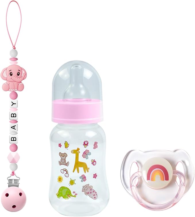 SCOM Reborn Baby Dolls Accessories Set - Rainbow Transparent Magnetic Pacifiers & Removable Reusable Baby Doll Bottles with Silicone Pacifier Clips for Reborn Dolls Girls, Pink Style, 3 Pcs