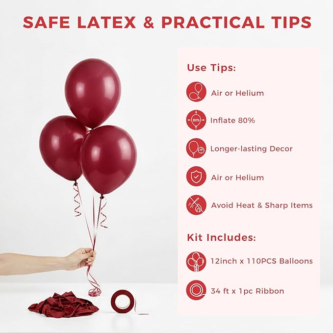 LovesTown 110PCS Latex Balloons, 12inch Helium Party Balloons Arch with Ribbon for Birthday Baby Shower Wedding Party Decorations Burgundy (Pack of 2)