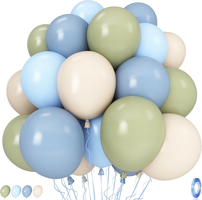 Sage Green and Blue Balloons, 35PCS Olive Green Dusty Blue Beige Cream Latex Balloon, Baby Boy Shower Balloons for Kids Rabbit Theme Baby Shower Birthday Boho Bridal Wedding Party Decorations Supplies