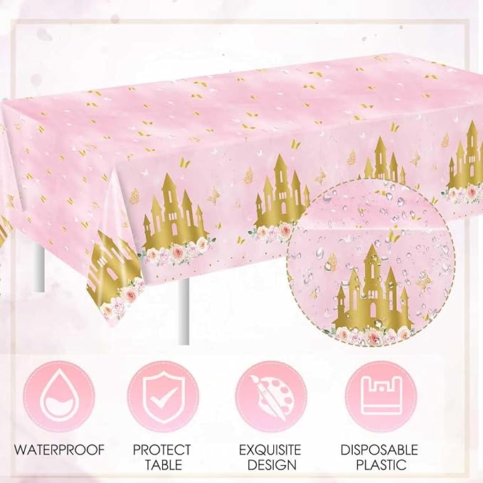 41PCS Princess Birthday Party Decorations,Pink Floral Castle Princess Birthday Themed Tableware Set Includes Paper Plates and Napkins,Tablecloth for Princess Party Supplies,Serves 20