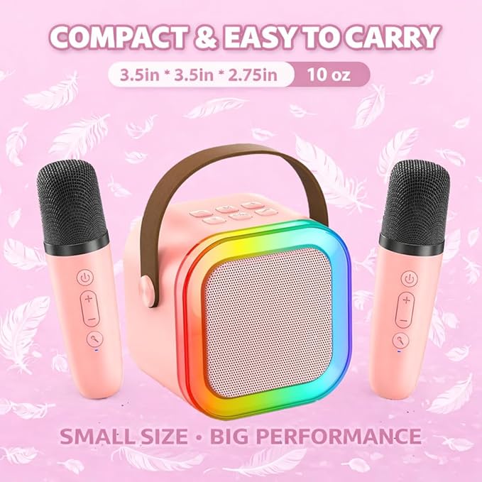 Karaoke Machine for Kids, Portable Bluetooth Speaker with 2 Wireless Microphones, Christmas Birthday Gift Toy Ideas for Boys and Girls Ages 4, 5, 6, 7, 8, 9, 10, 12+ Years Old (Pink)