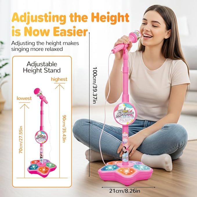 Kids Star Microphone with Stand, All-in-One Portable Karaoke Machine, Colorful Lights & Echo Effects, Easy-to-Use Singing Toy for Birthday Parties & Music Play (Black)