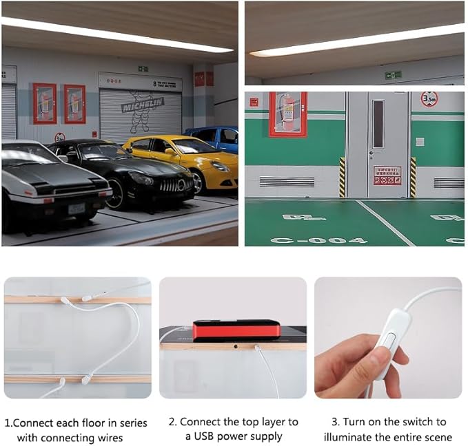 Diecast Car Model Display Case 4 Tiers 1:24 Scale,with LED Light and Acrylic Dust Cover Toys Car Model Display Stand ,Parking Lot Scene Hot Diecast Wheels Collectible Car Model Storage Cabinet