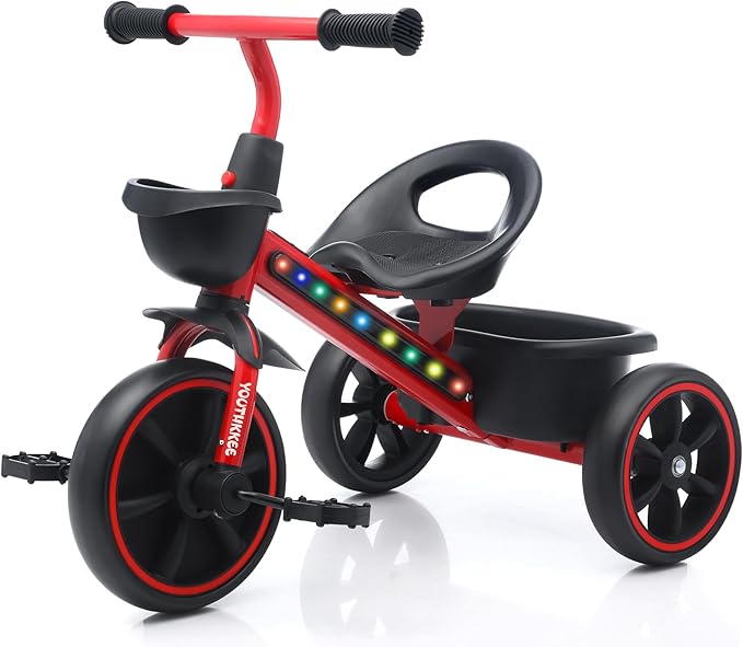 Kids Tricycle with Colorful LED Lights for Toddlers 1-3 Years, Stable 3-Wheel Design & Storage Basket for Fun Indoor Outdoor Ride, Gift for Baby Boy Girl