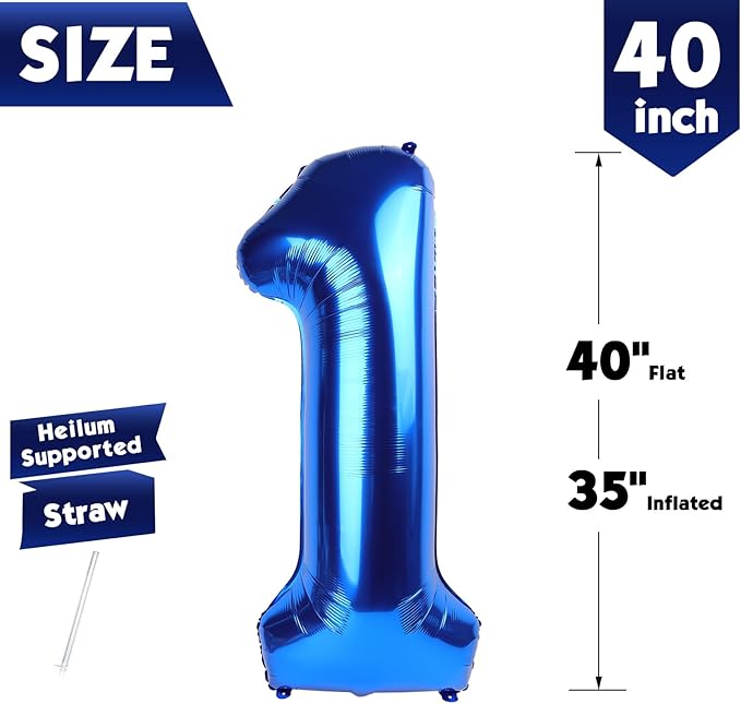 40 Inch Metallic Blue Number 1 Balloon, Giant Number 1 Balloons for 11th 12th 21st Birthday Decorations, Party Supplies for Baby Boy Girl, Metallic Blue Party Decor