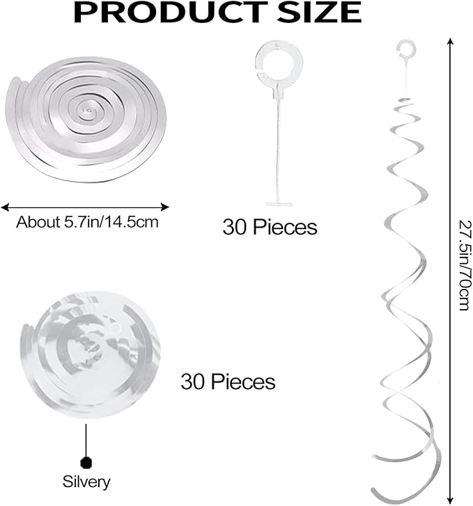 30 Pieces Silver Hanging Swirl Party Decorations Foil Decorations Ceiling Swirl Spiral Hanging Plastic Streamer for Ceiling Birthday Graduation Wedding Celebration Baby Shower Party Supply