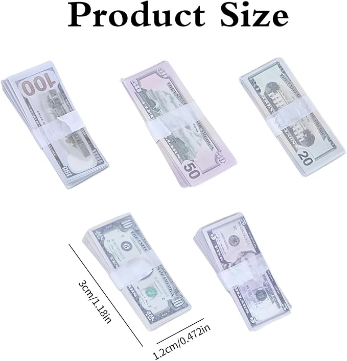 500PCS 1:12 Miniature Scene Dollars Set, 5 10 20 50 100 Fake Bill Prop Money, Realistic Tiny Mixed Denominations Stacks for Dollhouse Accessories