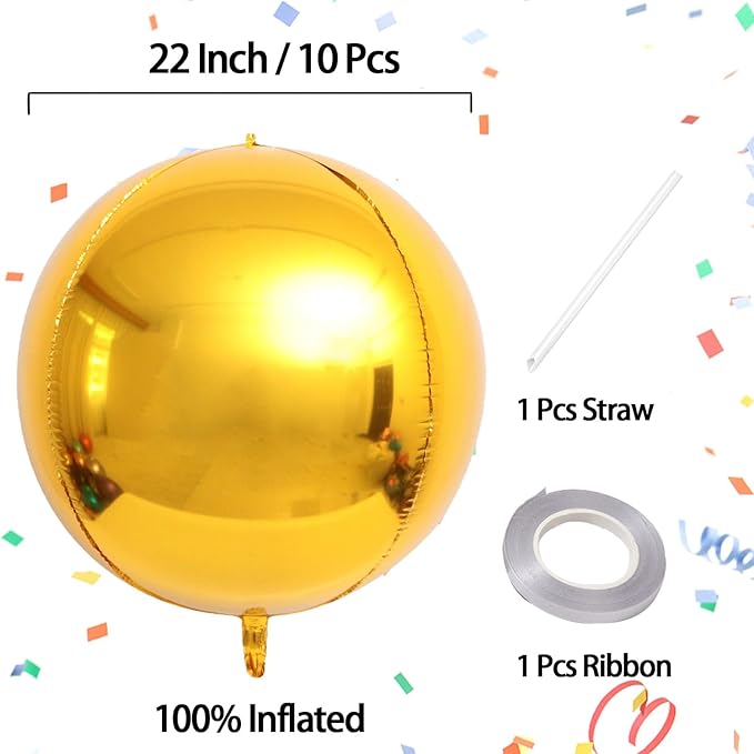 KALOR 10 Pcs 22 Inch Gold Mylar Balloons, Large 4D Giant Round Foil Balloon Big Mirror Metallic Balloons for Birthday Party Baby Shower Gender Reveal Supplies
