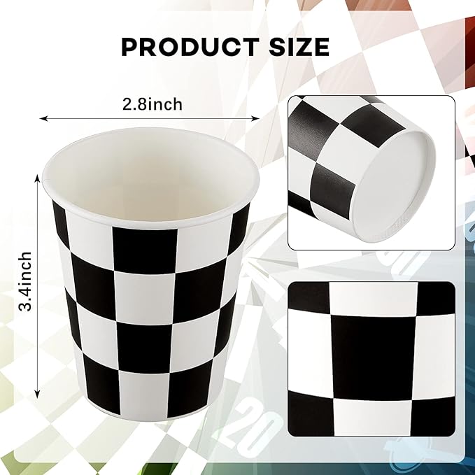 Cunhill 36 Pieces Checkered 9 oz Paper Flag Race Car Cups Party Supplies Black and White Cups Bulk Disposable Beverage for Checkered Themed Birthday Party Decorations