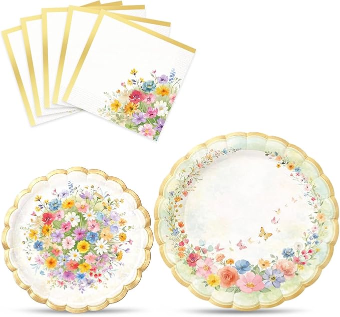 WERNNSAI Windflower Party Decorations - 48PCS Floral Plates and Napkins Windflower Tableware Set Spring Floral Party Supplies for Kids Girls Birthday Baby Shower Picnic Wedding Serves 16 Guests