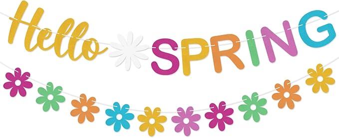 Hello Spring Banner Colorful Glitter Spring Wildflower Banner Garland, Springtime Theme Party Decorations for Home, Springtime Easter Theme Party Decorations, Indoor Outdoor Mantel Fireplace Hanging Decor