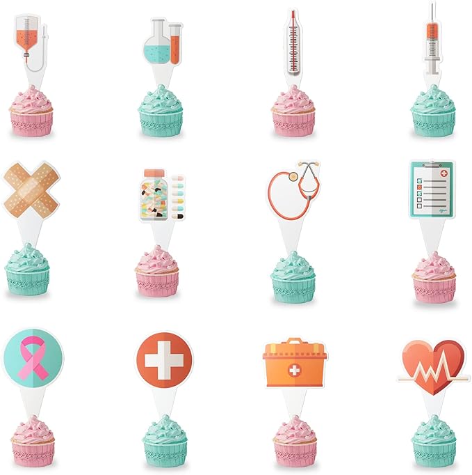 Medical Theme 24 pcs Cupcake Toppers, Mini Doctor Nurse Party Supplies Favors,Cake Picks For Birthday Anniversary Wedding Engagement Dessert Party Decorations