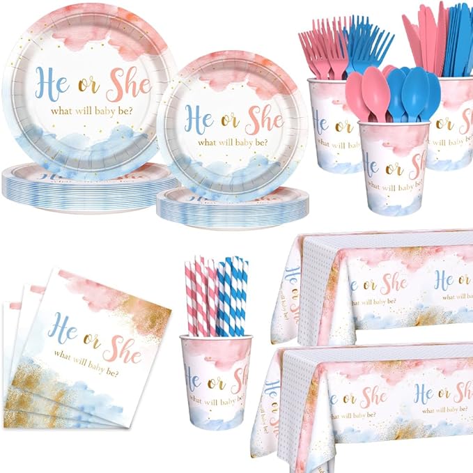 194 PCS Gender Reveal Decorations Gender Reveal Paper Plates Cups and Napkins Sets He or She Baby Shower Party Supplies Pink and Blue Disposable Tableware Set with Tablecloth Serves 24 Guests
