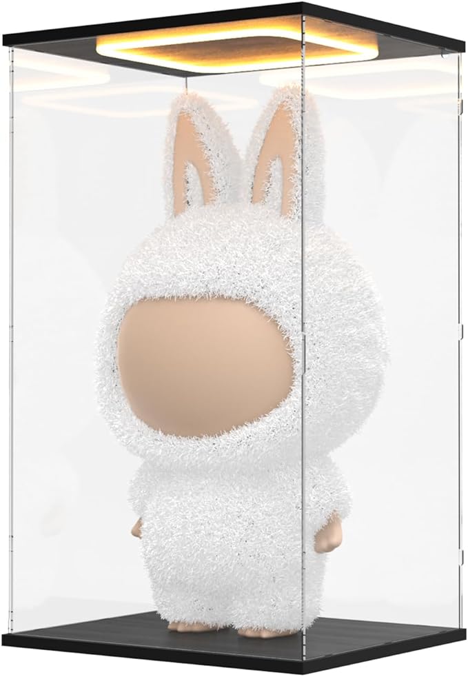 Nynelly Acrylic Display Case for Zimomo Labubu with Light, Clear Display Box for Large Collectibles Doll, Assemble Dustproof LED Showcase Storage Box with Door, 13.8x11.8x23.6in, Black