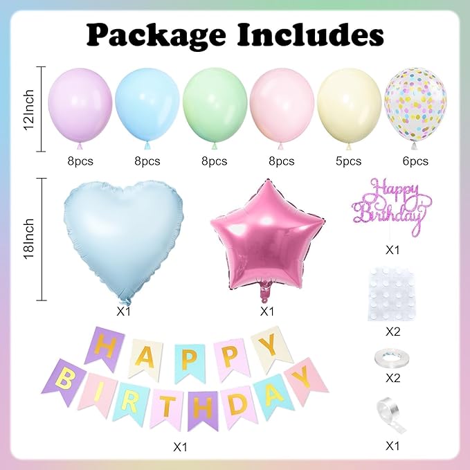 Pastel Rainbow Birthday Decorations,Easter Birthday Balloon Macaron Pink Blue Purple Green Yellow Colorful Confetti Balloons Banner Star Heart Foil Balloon for Baby Shower Easter Party