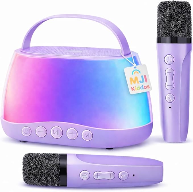 Kids Karaoke Machine with 2 Wireless Microphones, Bluetooth Speaker with Voice Changer & LED Lights, Portable Singing Toy Gift for Boys & Girls Ages 3–12