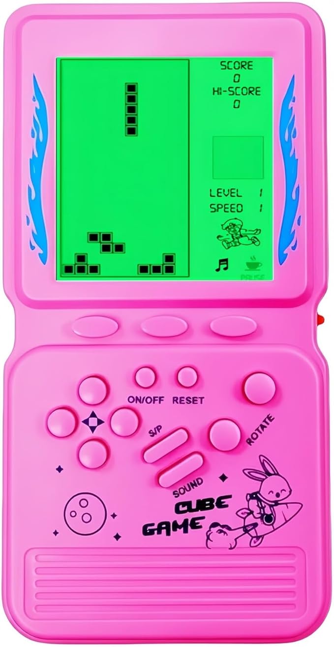 Green Backlight Block Game Console Built-in 23 Building Brick Retro Games Electronic Cube Puzzle Kid's Birthday Outdoor/Indoor/Travel Leisure Entertainment (Pink)