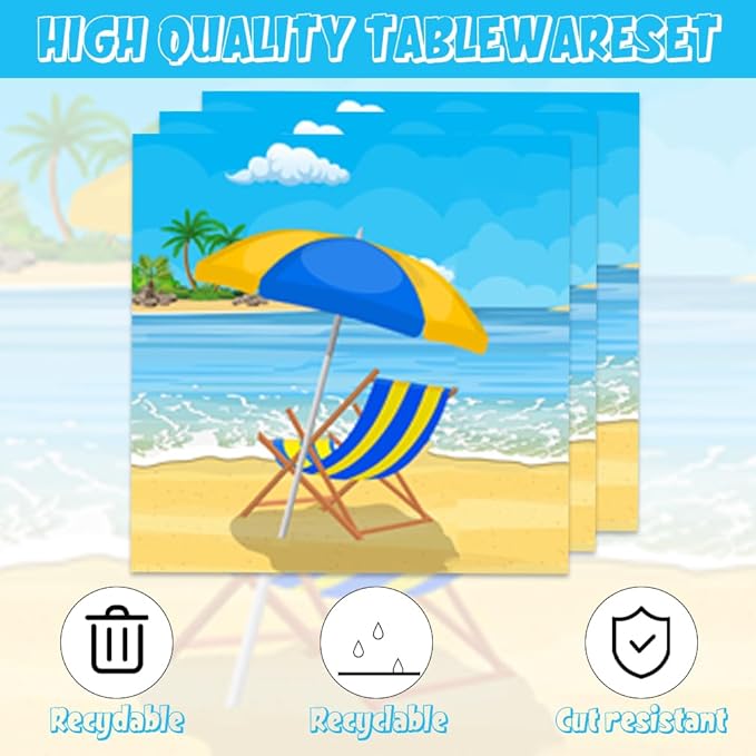 41pcs Summer Beach Party Supplies ,include 20pcs Dessert Plates, 20pcs Napkin and 1pcs Tablecloth,Used for Summer Beach Birthday Party Decoration