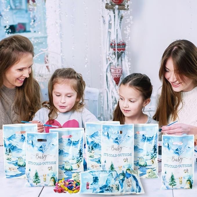 Winter Animals Party Favor Bags - 50Pcs Watercolor Polar Animals Goody Candy Treat Gifts Bags, Penguin Polar Bear Themed Party Decorations for Kids Birthday Baby Shower Winter Theme Events Supplies