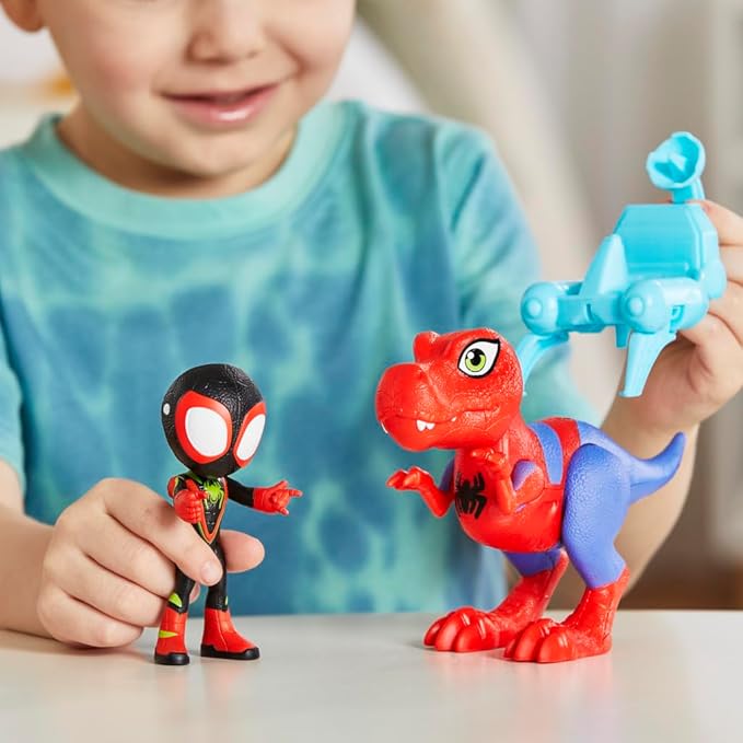 Marvel Spidey and His Amazing Friends Dino-Webs Spidey-Rex & Miles “Spin” Morales 4-inch-Scale Spider-Man Action Figure Set, Toys for Kids