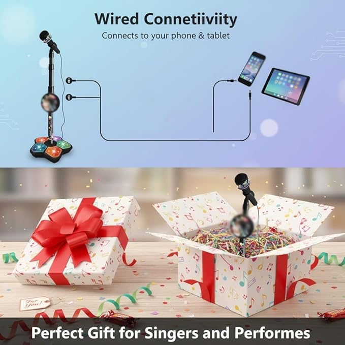 The All-in-One Microphone Toy, Funny Kids Microphone with Adjustable Stand, Speaker & Colorful LED, Multi-Functional Karaoke Microphone Toy for Boys & Girls, Gifts for Little Singers (1-Blue)