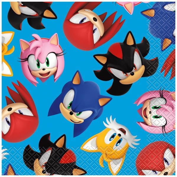 Sonic Birthday Party Supplies Bundle includes 16 Dessert Cake Paper Plates 7", 16 Paper Napkins 6.5", 1 Dinosaur Sticker Sheet
