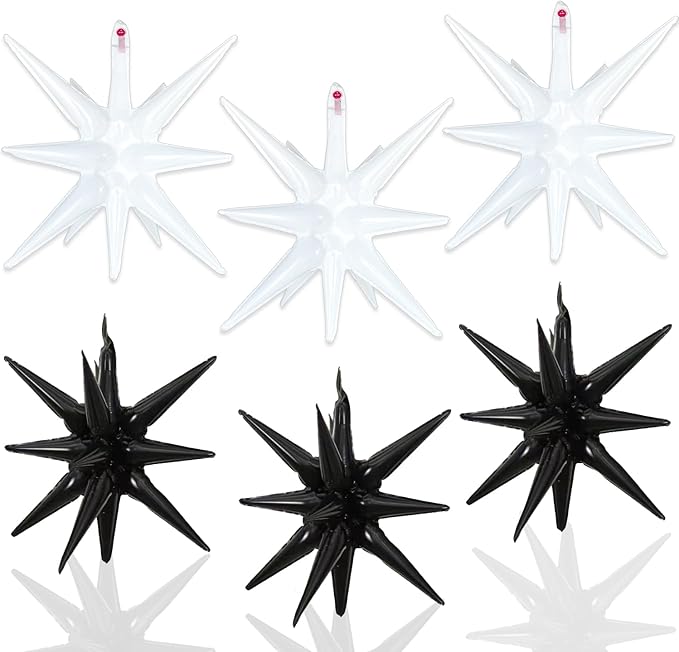 6 Pcs White Black Star Foil Balloons One-Piece 14-Pointed Star Balloon 4D Starburst Cone Mylar Balloon 22inch Christmas Birthday Wedding Wedding Anniversary Party Supplies (White + Black)