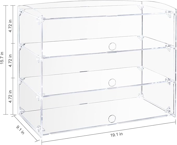 Acrylic Display Case, 3 Tier Large Assemble Display Case for Funko Pop Figures, Dustproof Display Cabinet for Pastries, Donuts, Cupcakes, Alternative Glass Case for Collectibles, Legos, Model Cars