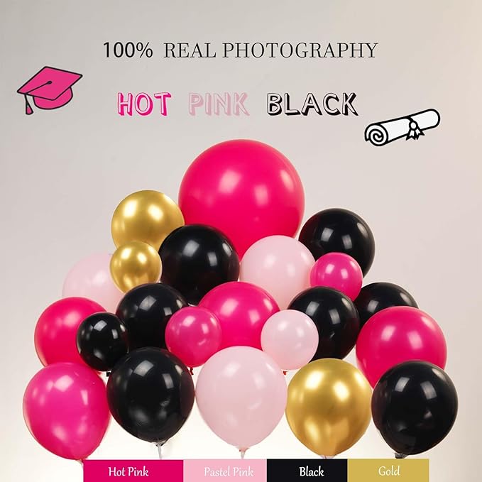 Pink and Black Balloon Garland Arch Kit Include Bow balloons grad letter balloons for 2025 Graduation Birthday Wedding Baby Shower Anniversary Bachelorette Bridal Party Decorations
