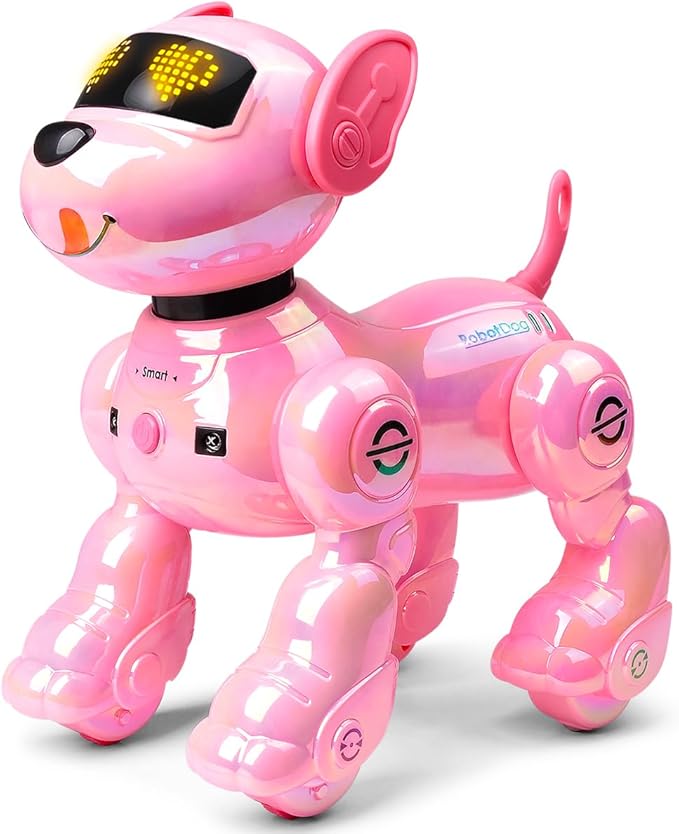 VATOS New Kids Remote Control Robot Dog, 17 Fun Interactive Functions Intelligent Programmable Kids Robotic Puppy with 2 Batteries, Singing Dancing Walking Robot Dog Toy for Girls 3-8 Years Old, Pink